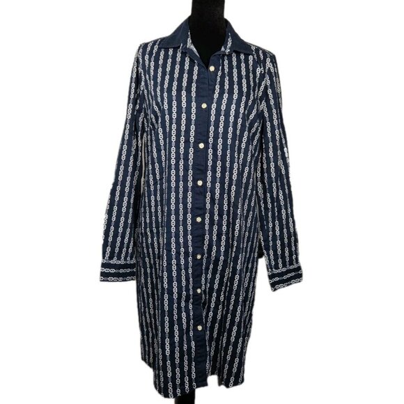 Tommy Hilfiger Womens Blue Chain Link Striped Embroidered Shirt Dress Size Small - Picture 1 of 8
